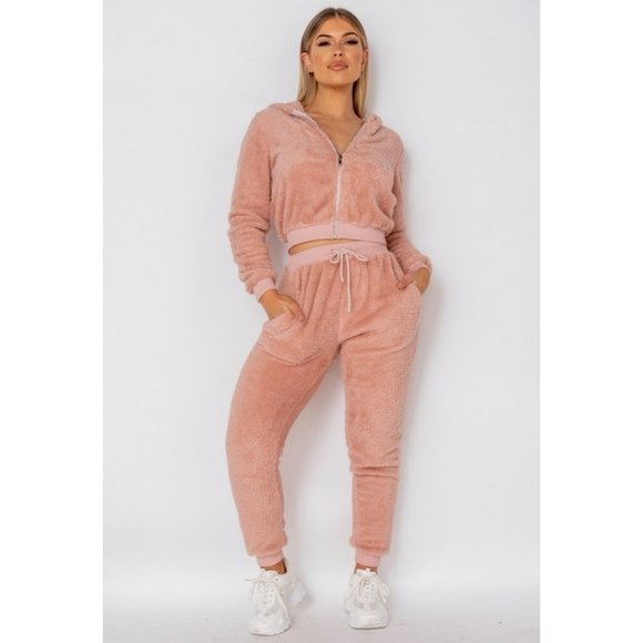 Tops - Pink Teddy Bear Fur Long Sleeve Hooded Crop Top and Joggers Pants Two Piece Set